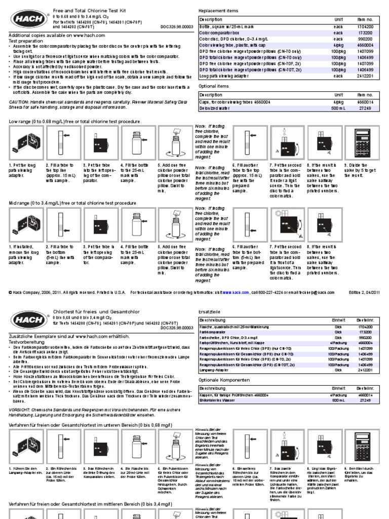Chlorine (Free or Total) Manual For Test Kits CN70, CN70F, CN70T