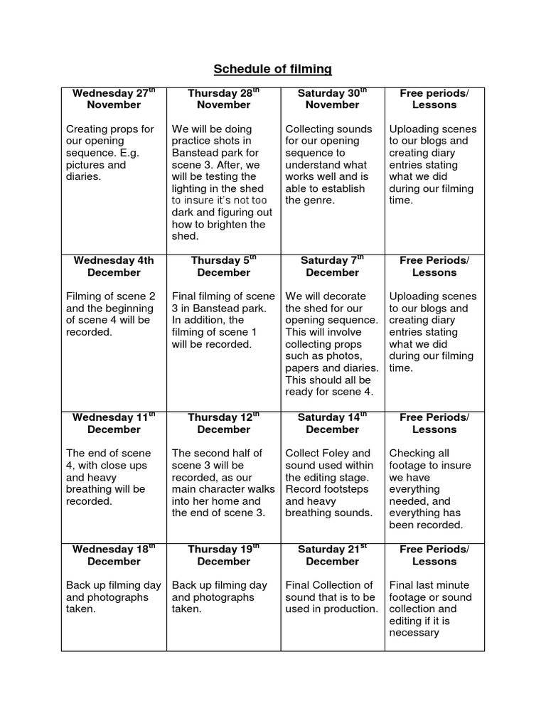 Filming Schedule and Production Timeline | PDF | Language Arts ...