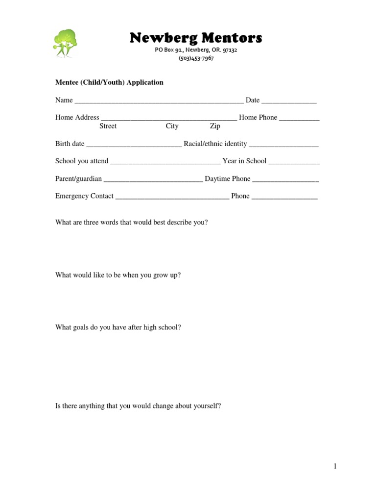 Newberg Mentors Mentee Application Form | PDF | Mentorship | Sports