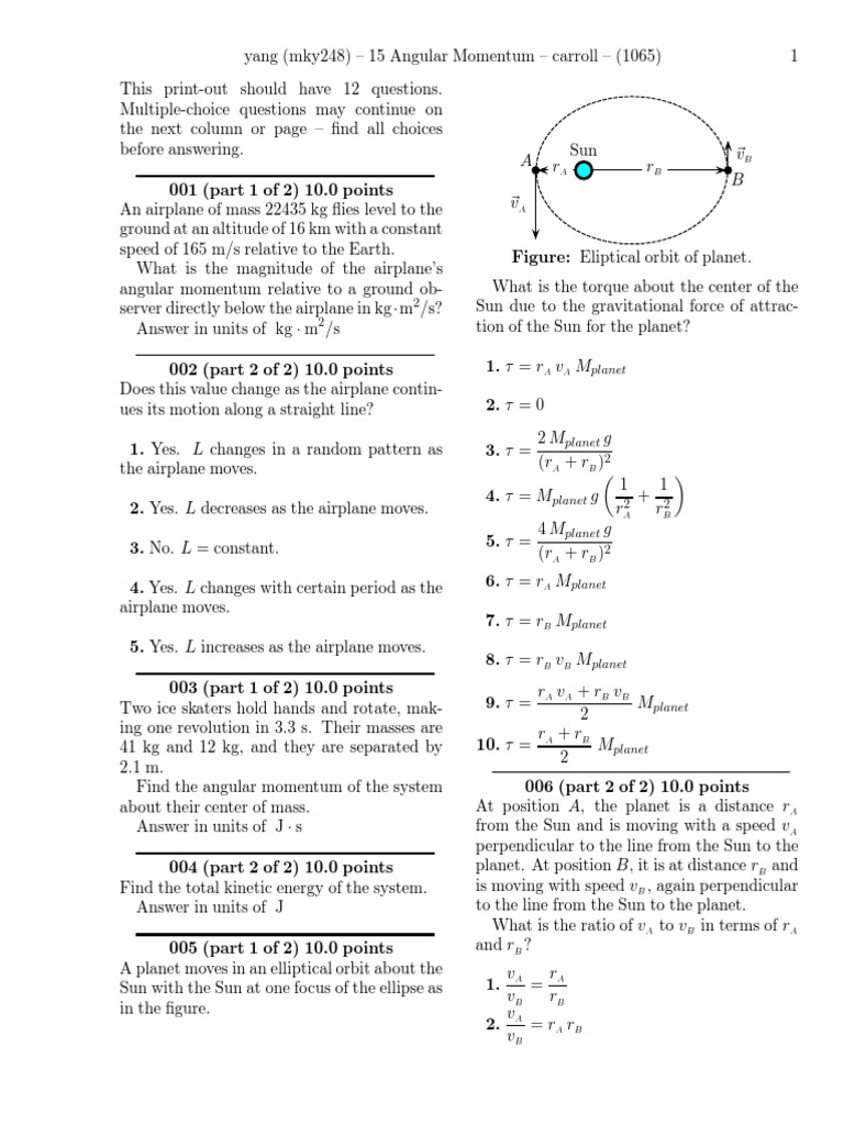 Angular Momentum Practice Problems | PDF | Angular Momentum | Orbit