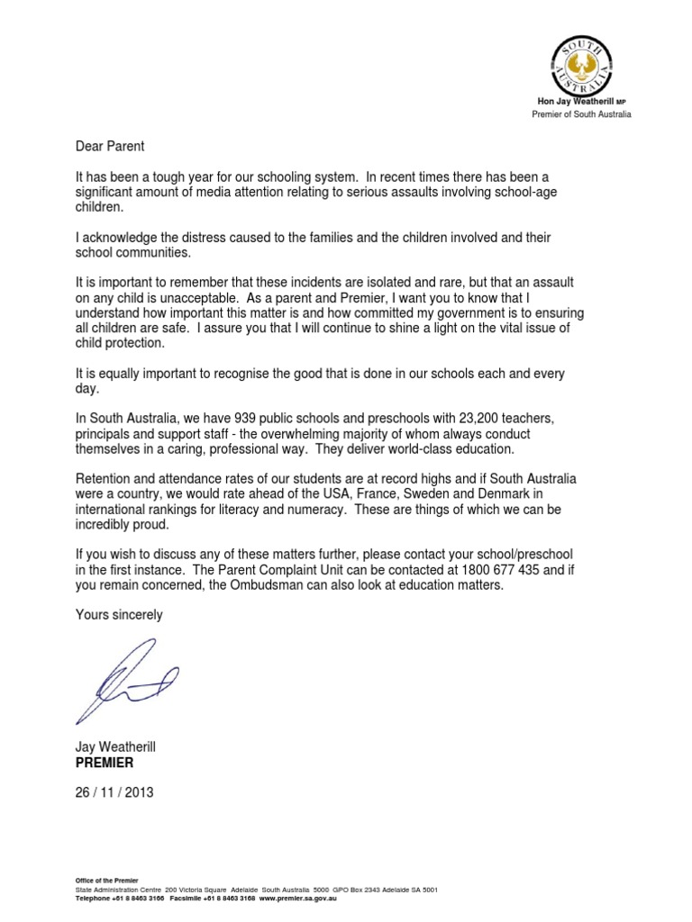 Premier - Open Letter To Parents | PDF