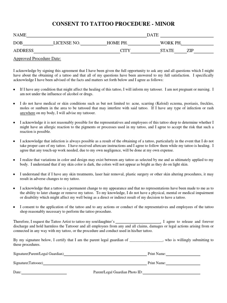 Consent To Tattoo Procedure Minor Tattoo Medicine