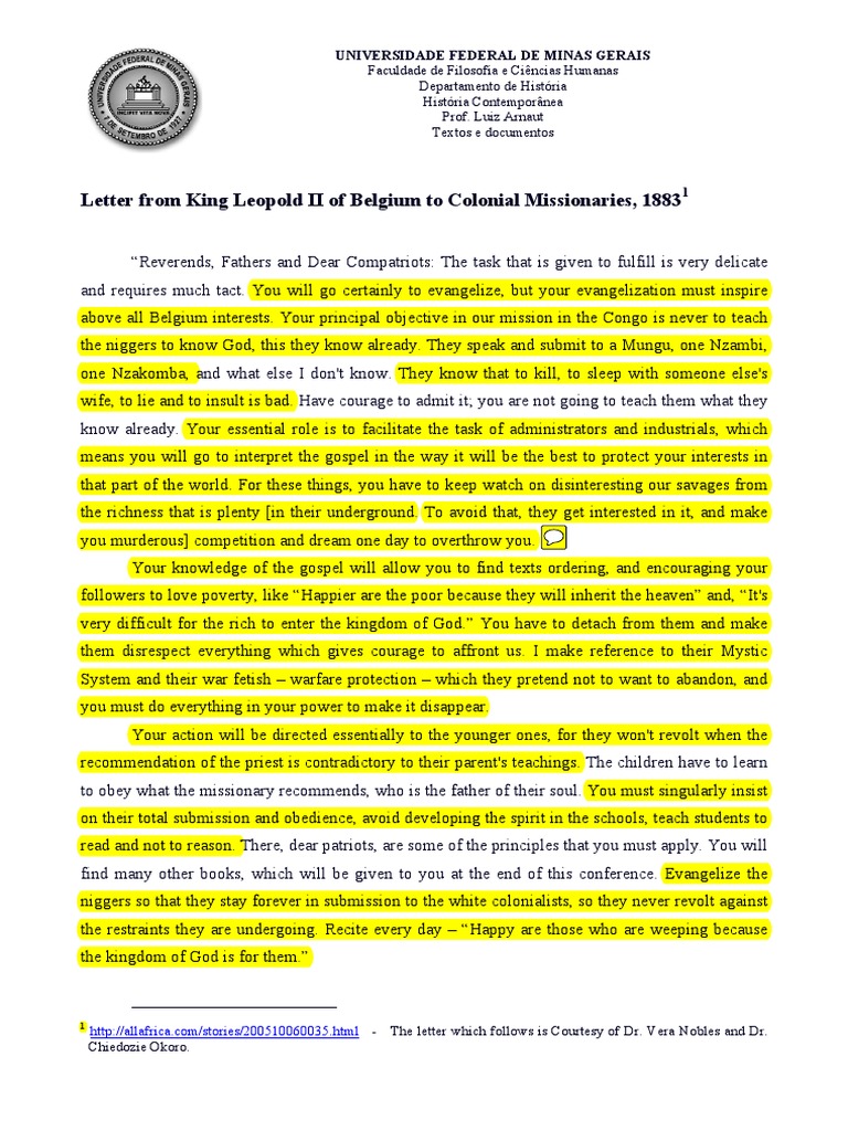 Leopold II's 1883 Letter to Missionaries | PDF
