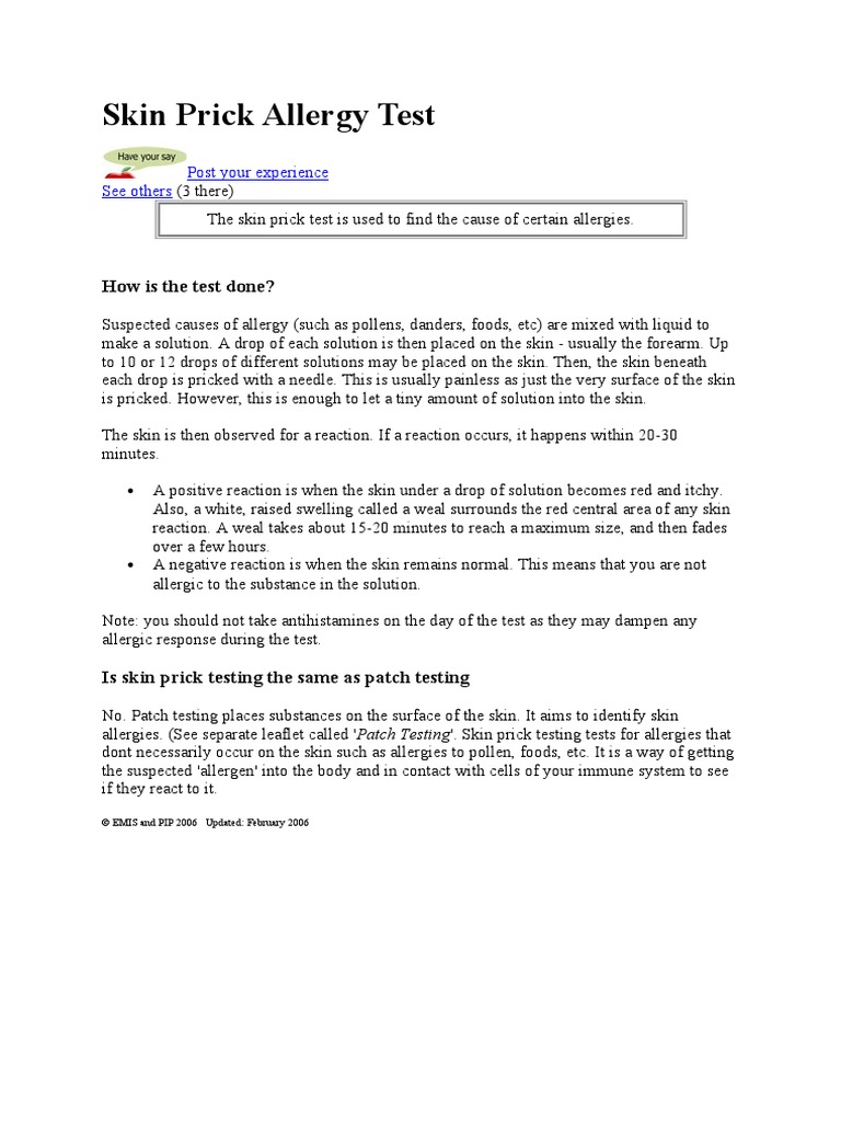 Skin Prick Allergy Test | PDF | Wellness