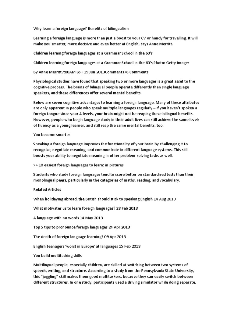 Benefits of Learning Foreign Languages | PDF | Foreign Language ...