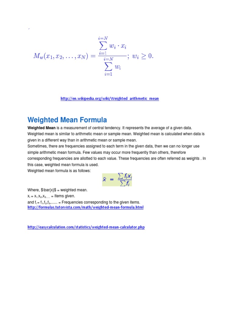 Weighted Mean Formula Arithmetic Mean Weighted Arithmetic Mean