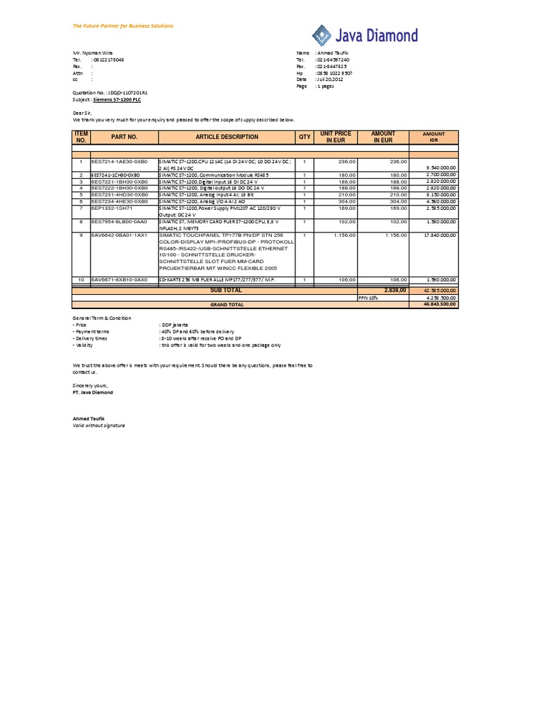 Siemens S7-1200 PLC Quotation Offer | PDF | Computers | Technology ...