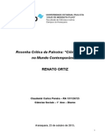 Resenha Crítica Sobre A Palestra Do Prof Renato Ortiz