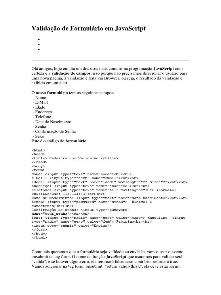 Validação de Formulário em JavaScript | PDF | Script Java | E-mail