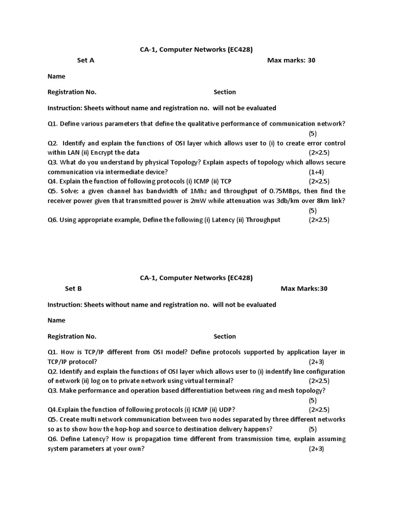 Computer Networks Exam Questions Set A & B | PDF