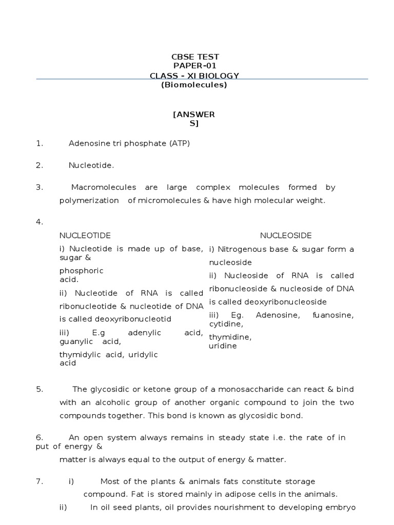 11 Biology Biomolecules Test 01 Answer Uj6t Active Site Nucleotides