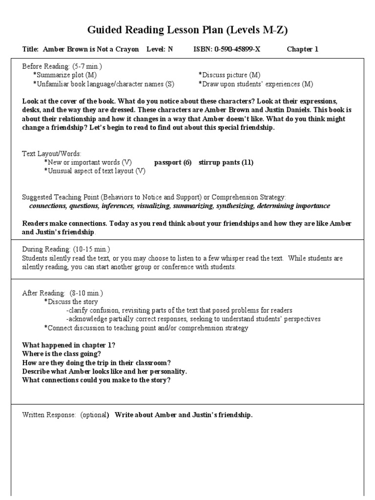 Amber Brown Guided Reading Plan | PDF | Teaching | Pedagogy