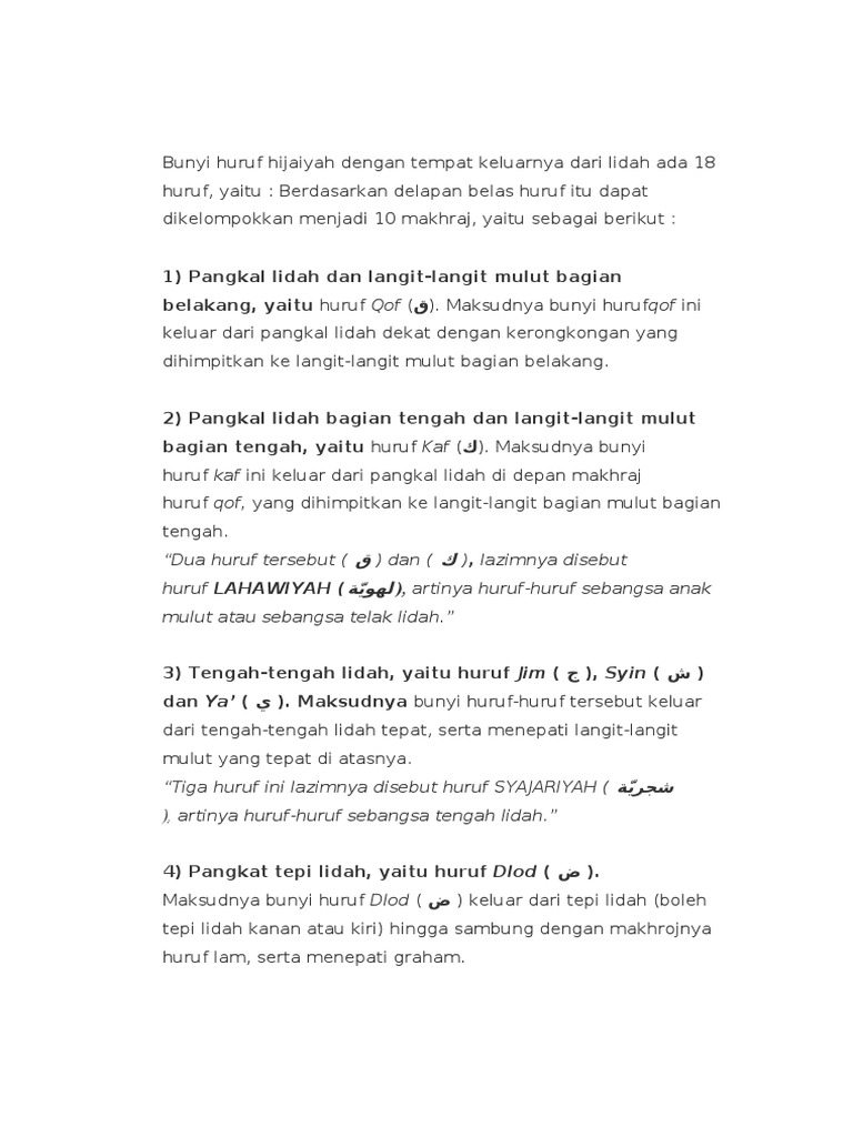 Bunyi Huruf Hijaiyah Dengan Tempat Keluarnya Dari Lidah Ada 18 Huruf | PDF