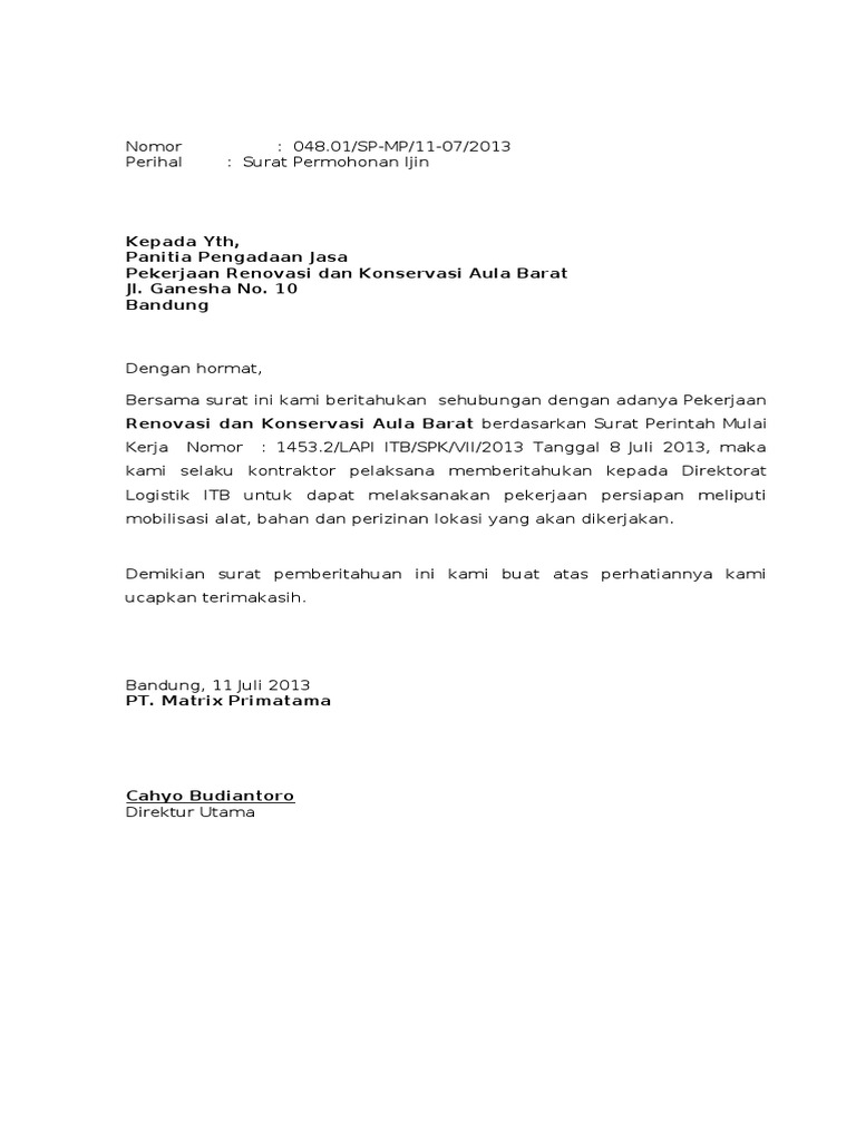 SURAT Pemberitahuan Pelaksanaan Pekerjaan