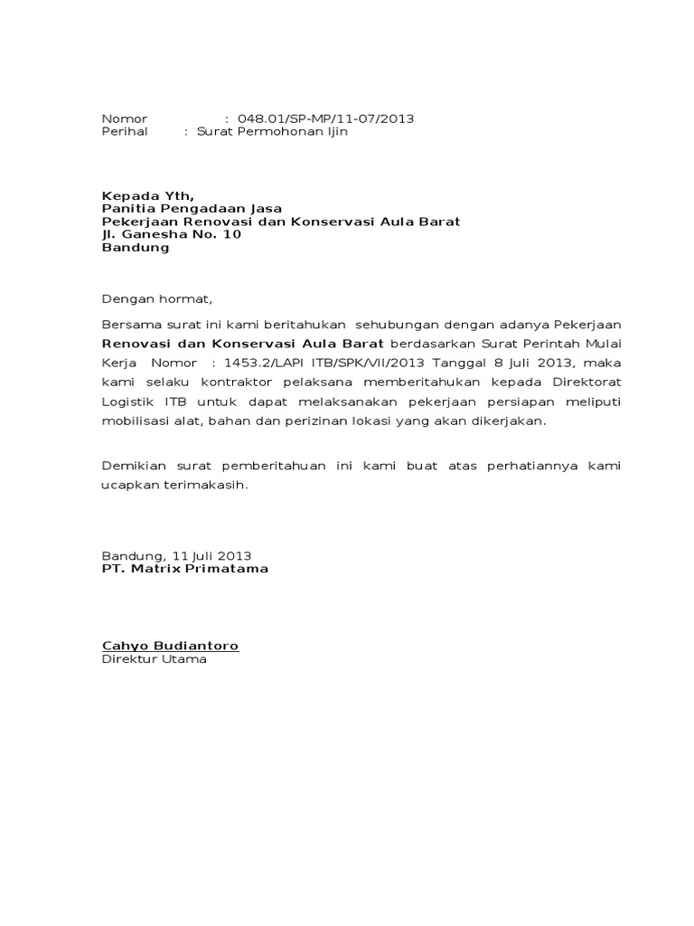 Contoh Surat Izin Mulai Kerja Proyek