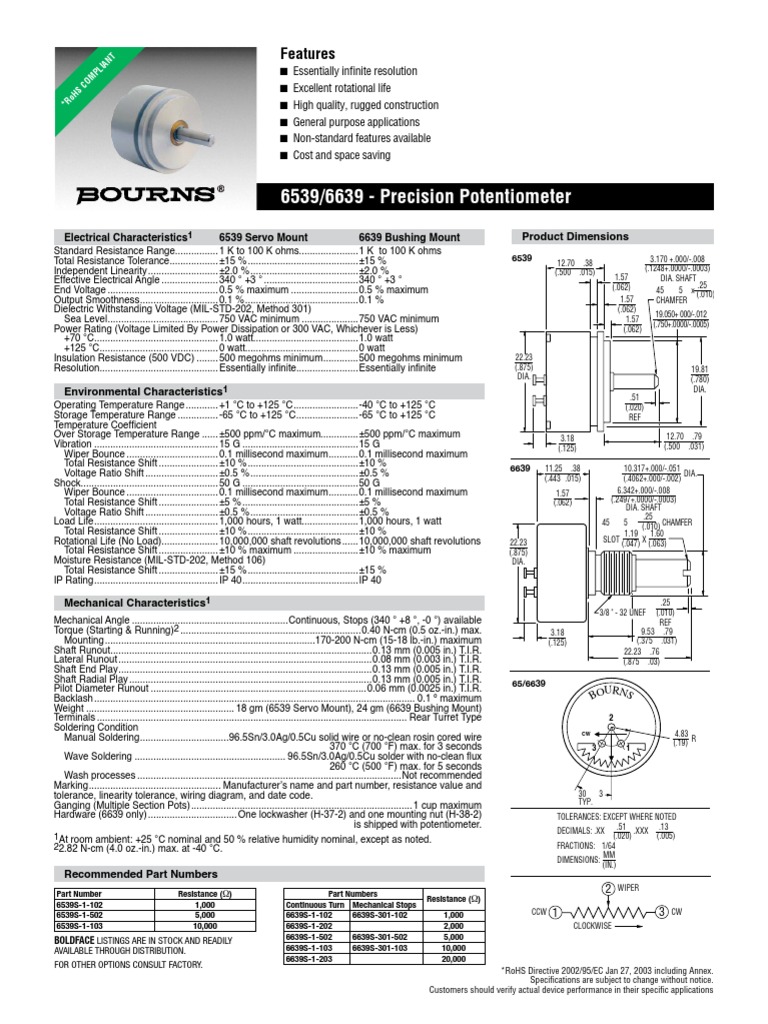 6539/6639 Precision Potentiometer Features PDF Physical