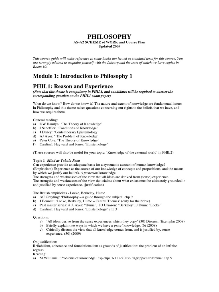Philosophy A2 Course Plan Overview | PDF | Free Will | Epistemology