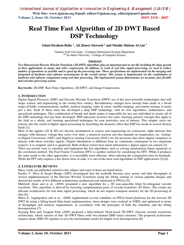Real Time Fast Algorithm of 2D DWT Based DSP Technology PDF Digital