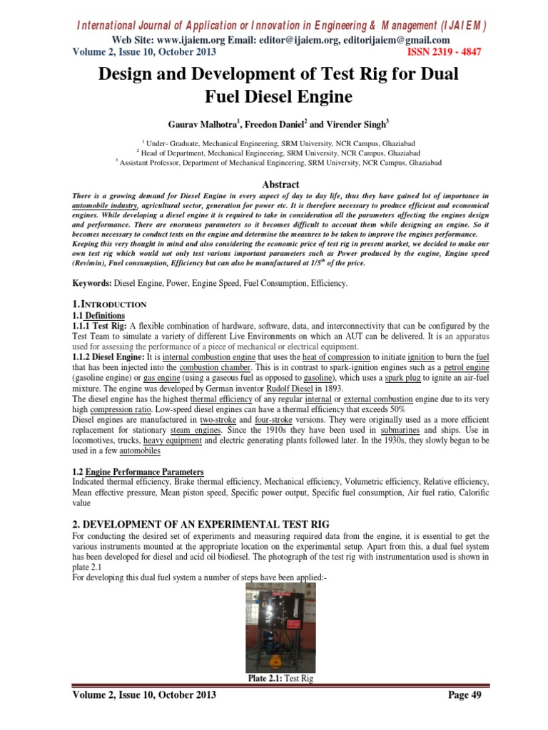 Design and Development of Test Rig For Dual Fuel Diesel Engine | PDF ...