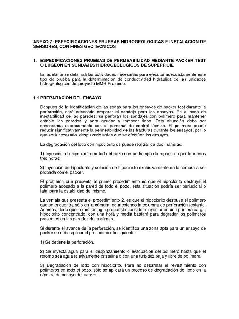 Especificaciones de Packer Test | PDF | Bomba | Agua