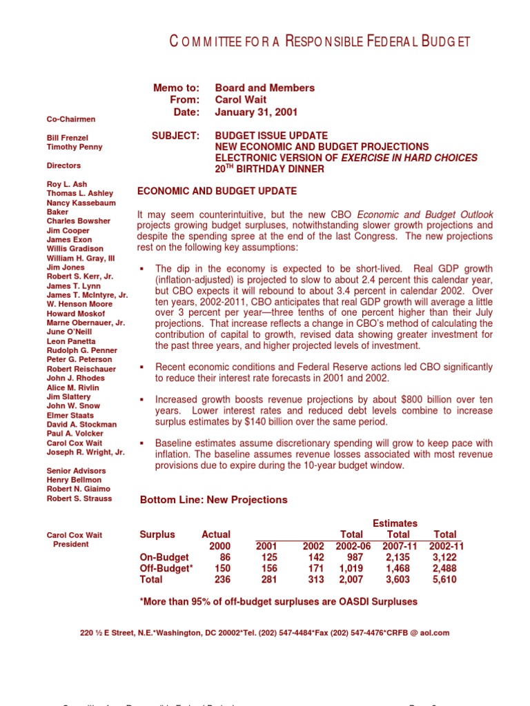 Update 1 31 01 | PDF | Baseline (Budgeting) | United States Federal Budget
