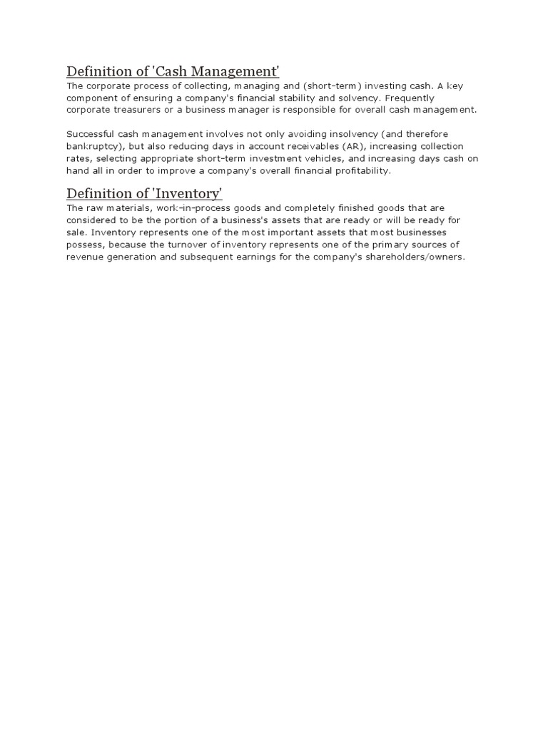 Cash Management and Inventory Defined | PDF | Finance & Money Management