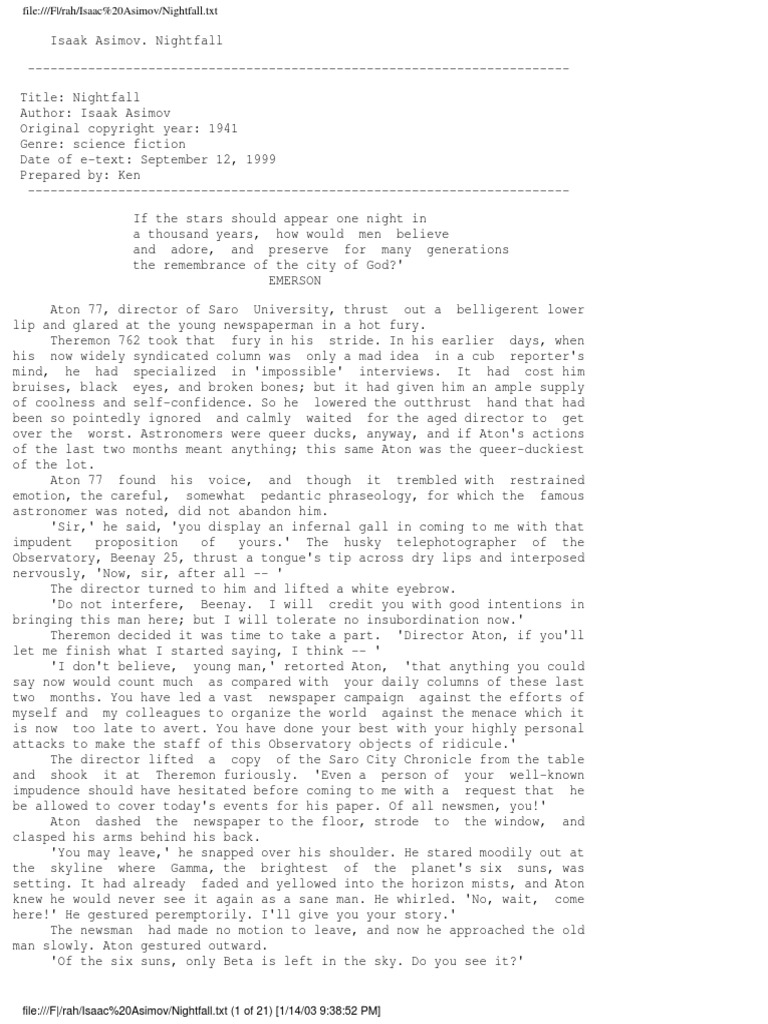 Isaac Asimov Nightfall PDF Science Astronomy