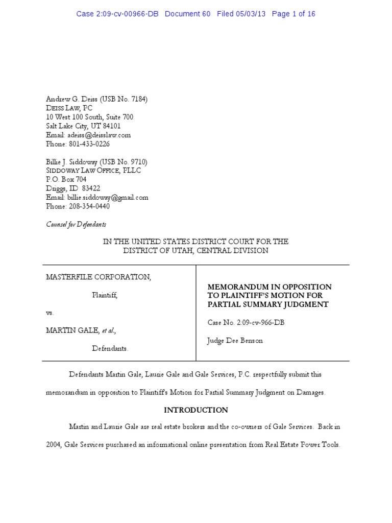 60.0 Memorandum in Opposition of Summary Judgment PDF Lawsuit Damages
