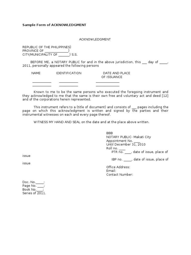 Philippine Notary Acknowledgment Form | PDF
