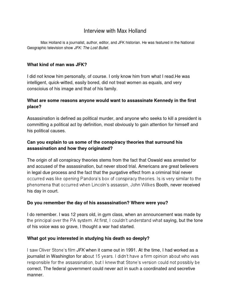 Max Holland Interview PDF John F. Kennedy Assassination Conspiracy