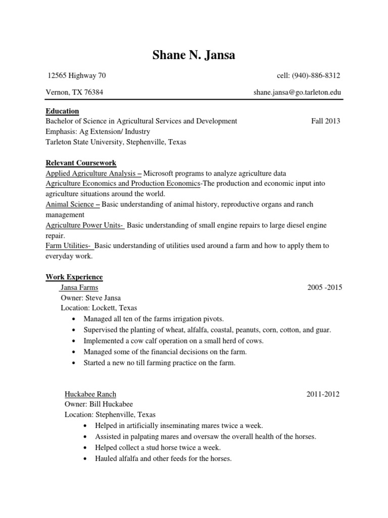 Agricultural Services Resume of Shane Jansa | PDF