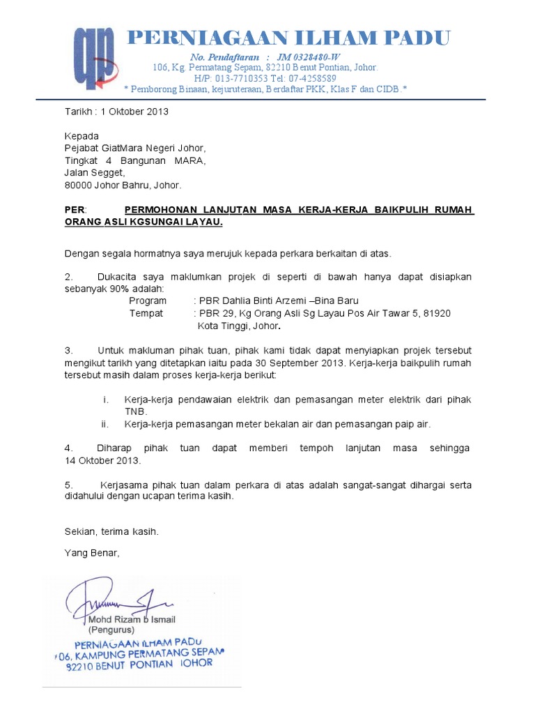 Surat Lanjutan Masa Projek Rumah Pbr Sg Layau Dahlia Binti Arzemi 30 September 2013 Pdf