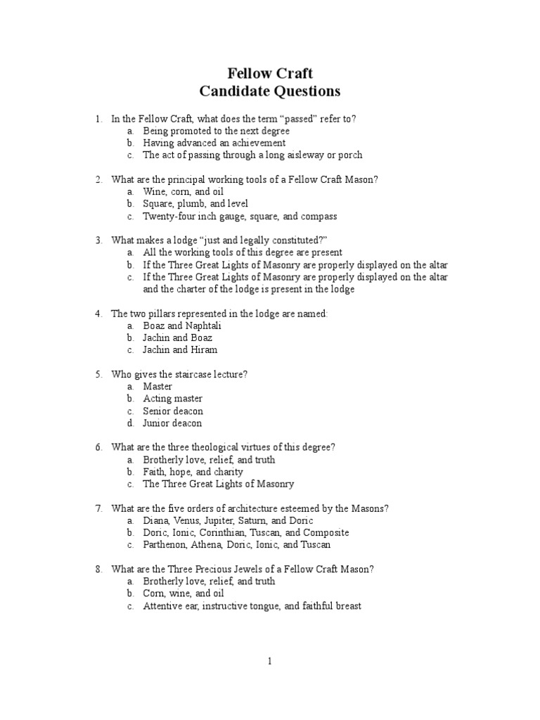 Fellow Craft Candidate Questions PDF Freemasonry Column