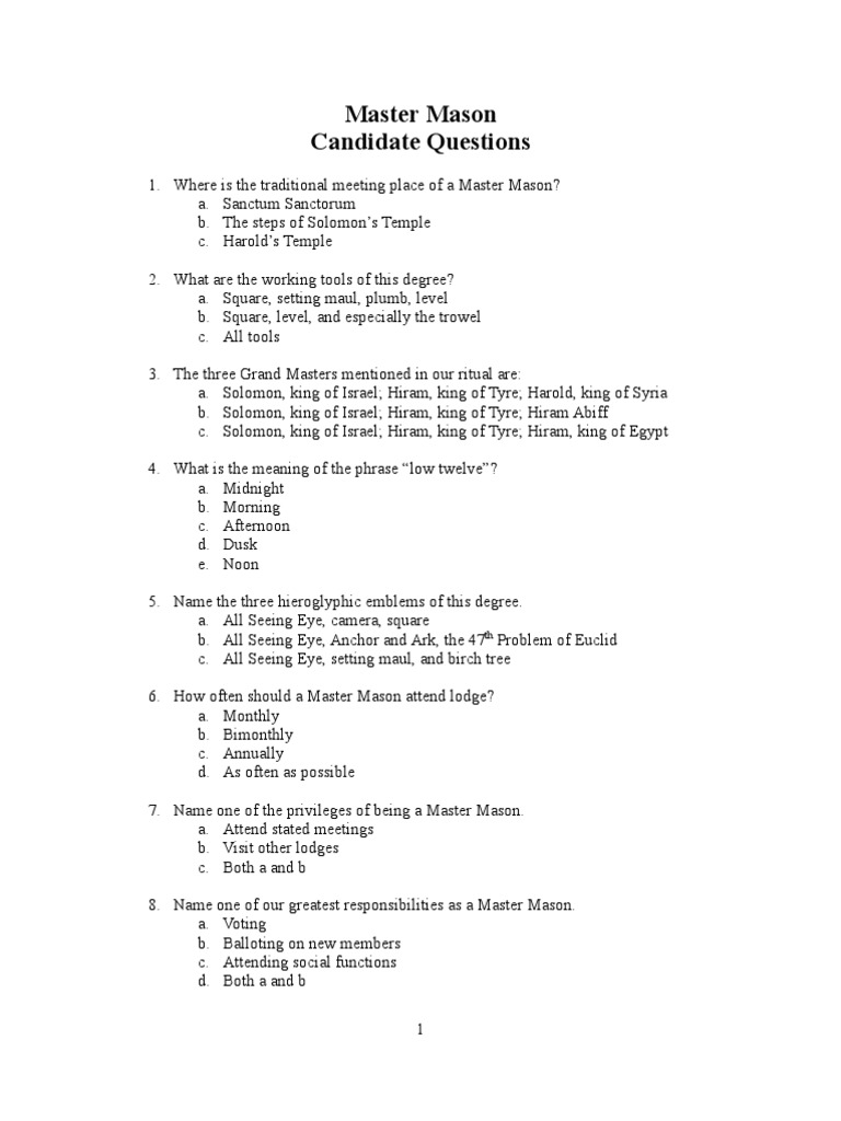 Master Mason Candidate Questions Freemasonry Masonic Lodge