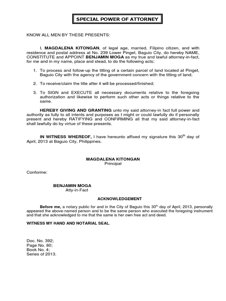 Special Power of Attorney: HEREBY GIVING AND GRANTING Unto My Said ...