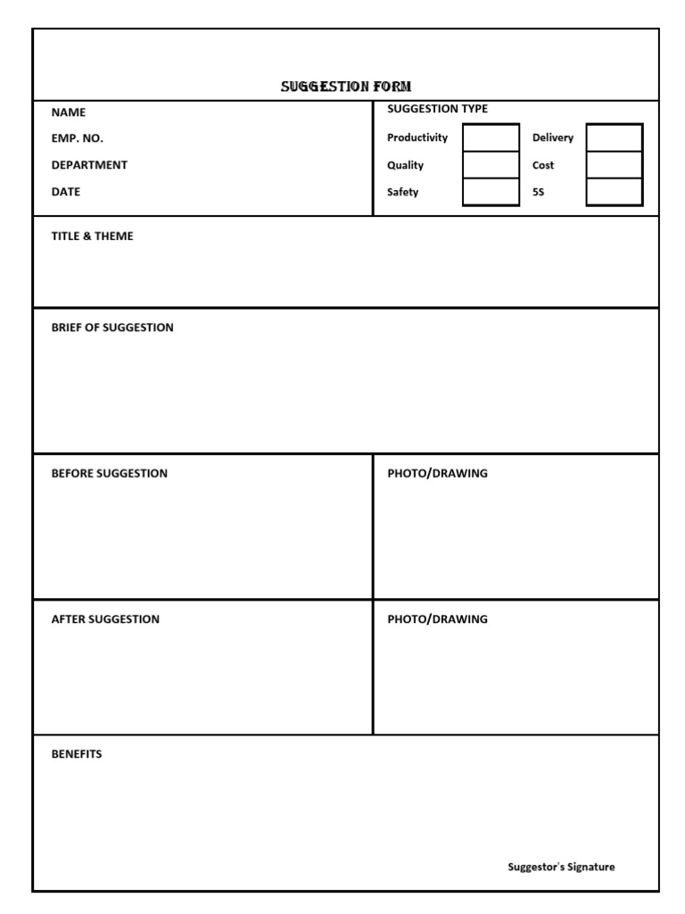 Suggestion Form: Suggestion Type Emp. No. Department Date Name | PDF