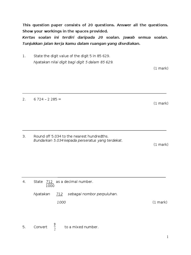 Soalan Peperiksaan Akhir Tahun Matematik Tahun 5