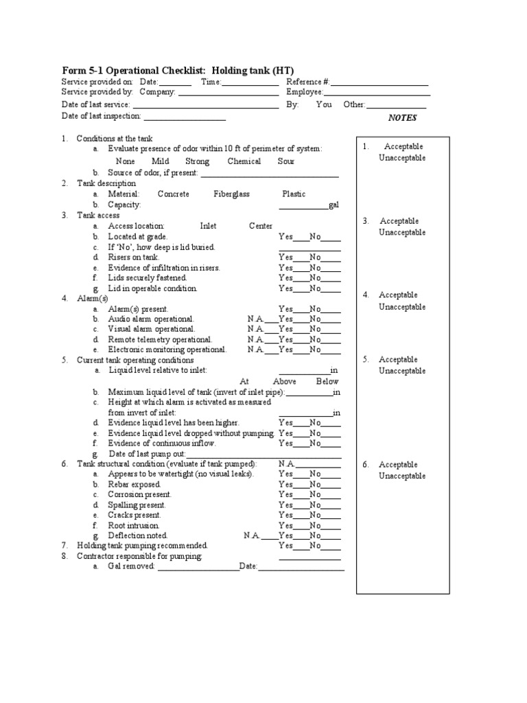Form 5-1 Operational Checklist: Holding Tank (HT) : Notes | PDF