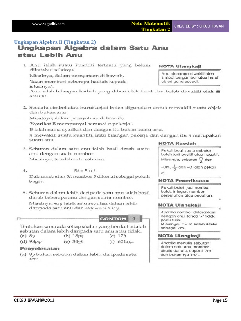 Soalan Kbat Ungkapan Algebra Tingkatan 3 - Selangor q