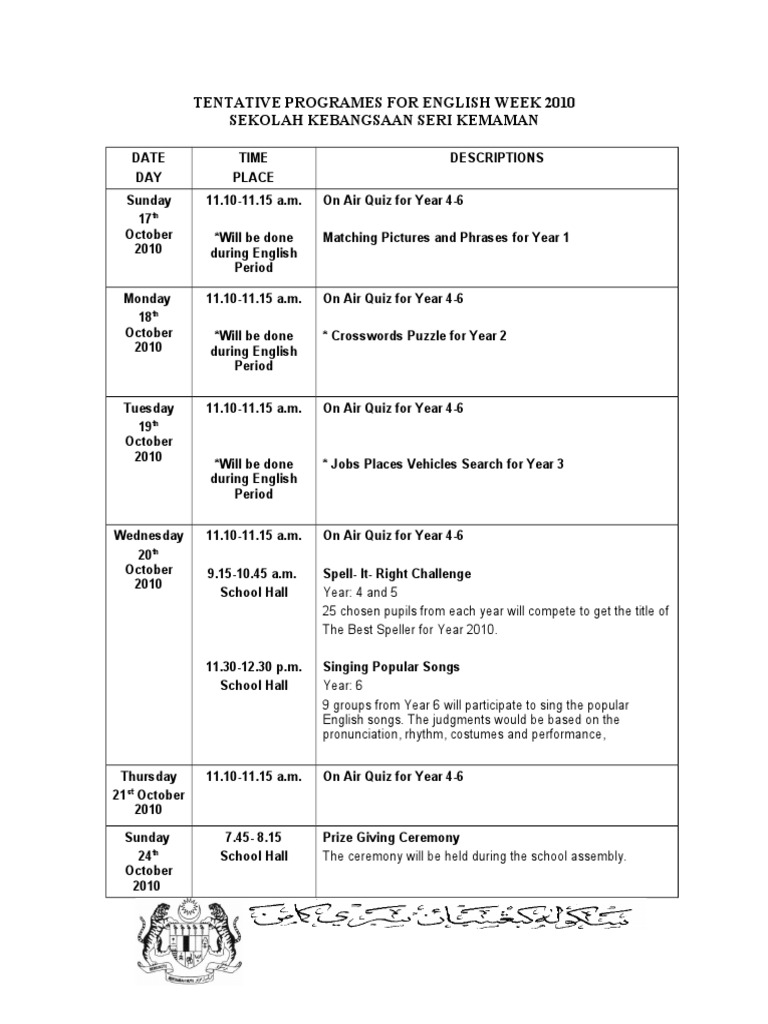 English Week 2010 Program Schedule | PDF