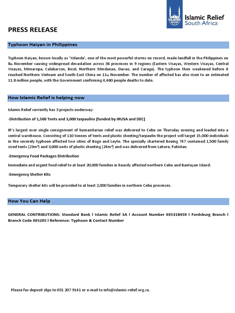 Press Release: Typhoon Haiyan in Philippines | PDF | Social Science