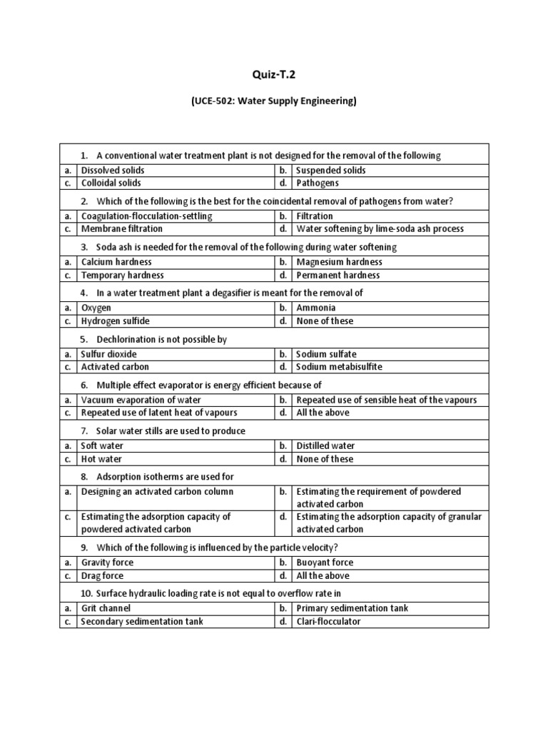 Water Treatment Quiz PDF Water Purification Chlorine