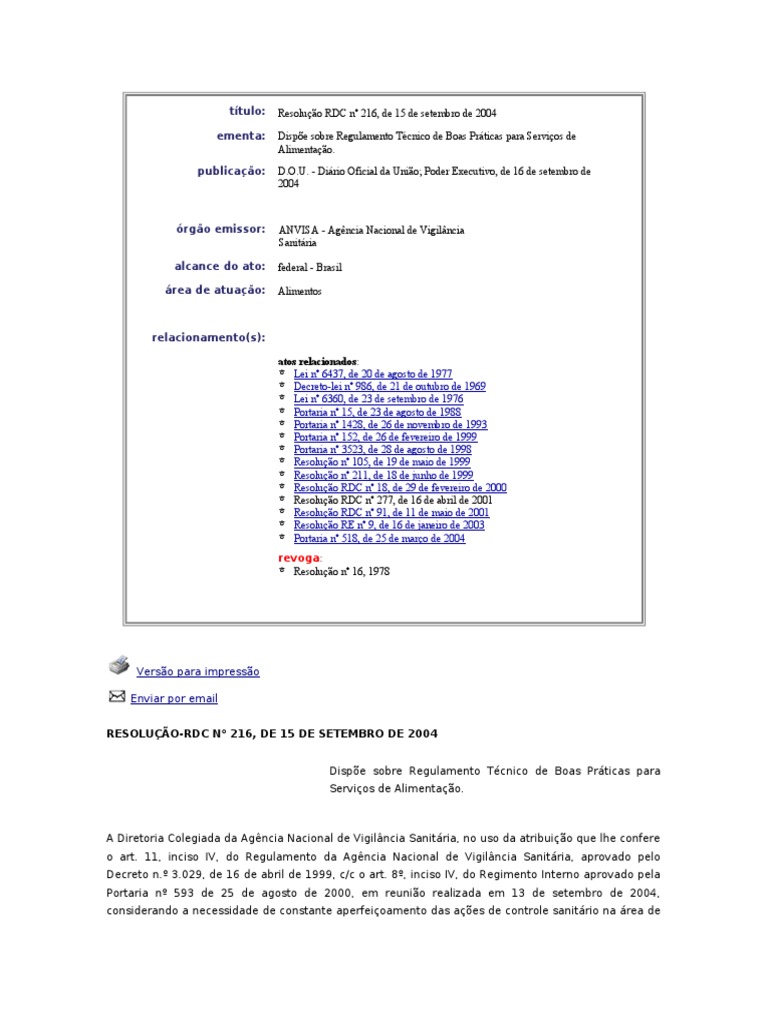 Resolução RDC 216 ANVISA | PDF | Embalagem e rotulagem | Alimentos