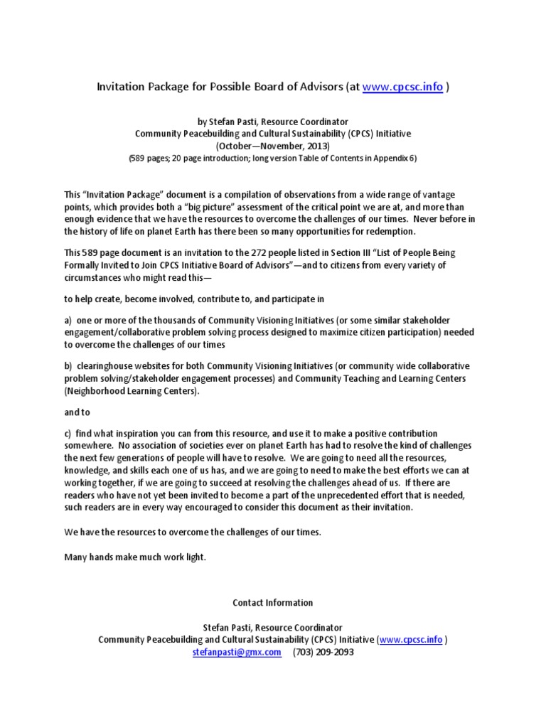 Invitation Package For Possible Board of Advisors (At WWW - Cpcsc.info) |  PDF | Social Entrepreneurship | Community