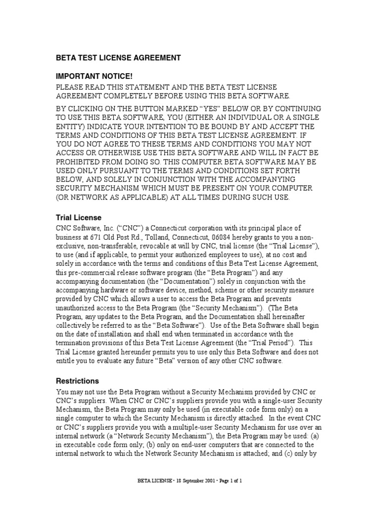 Beta Test License Agreement Important Notice! | PDF | Software Testing ...