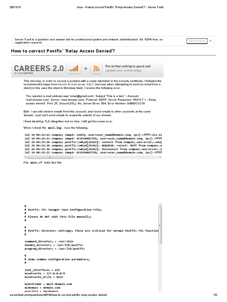 Linux How To Correct Postfix' 'Relay Access Denied' Server Fault