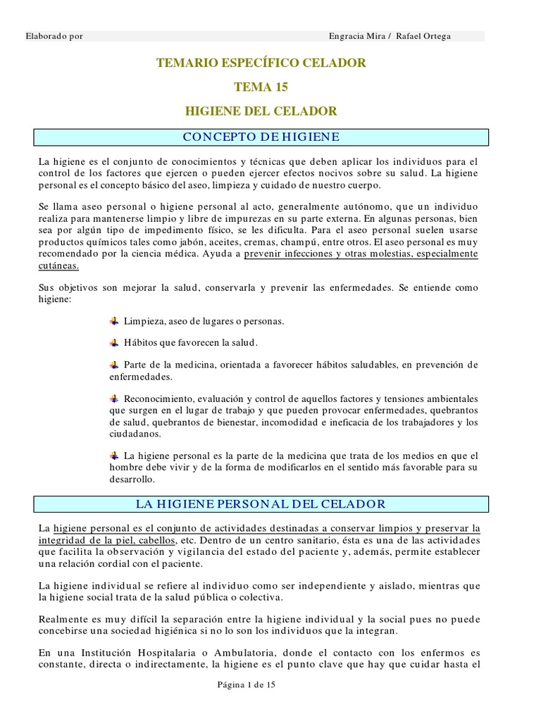 Concepto De Higiene: Temario Específico Celador Tema 15 Higiene Del Celador