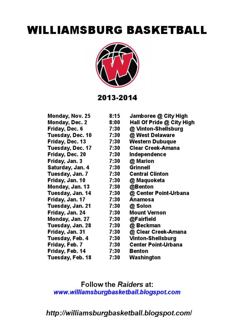 Williamsburg Varsity Schedule 1314 PDF
