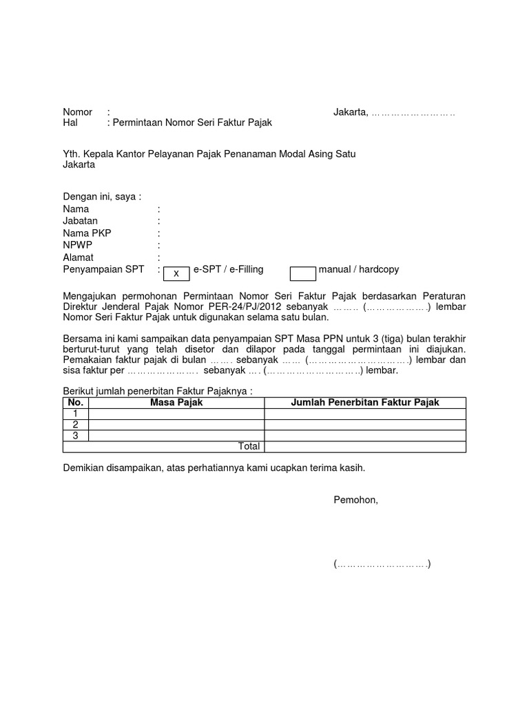 Contoh Surat Permintaan Nomor Seri Faktur Pajak