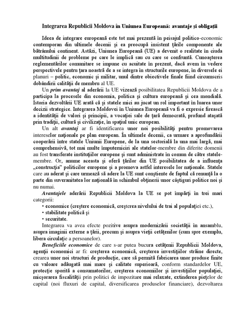 Integrarea Republicii Moldova In Uniunea EuropeanÄƒ Avantaje Si ObligaÅ£ii